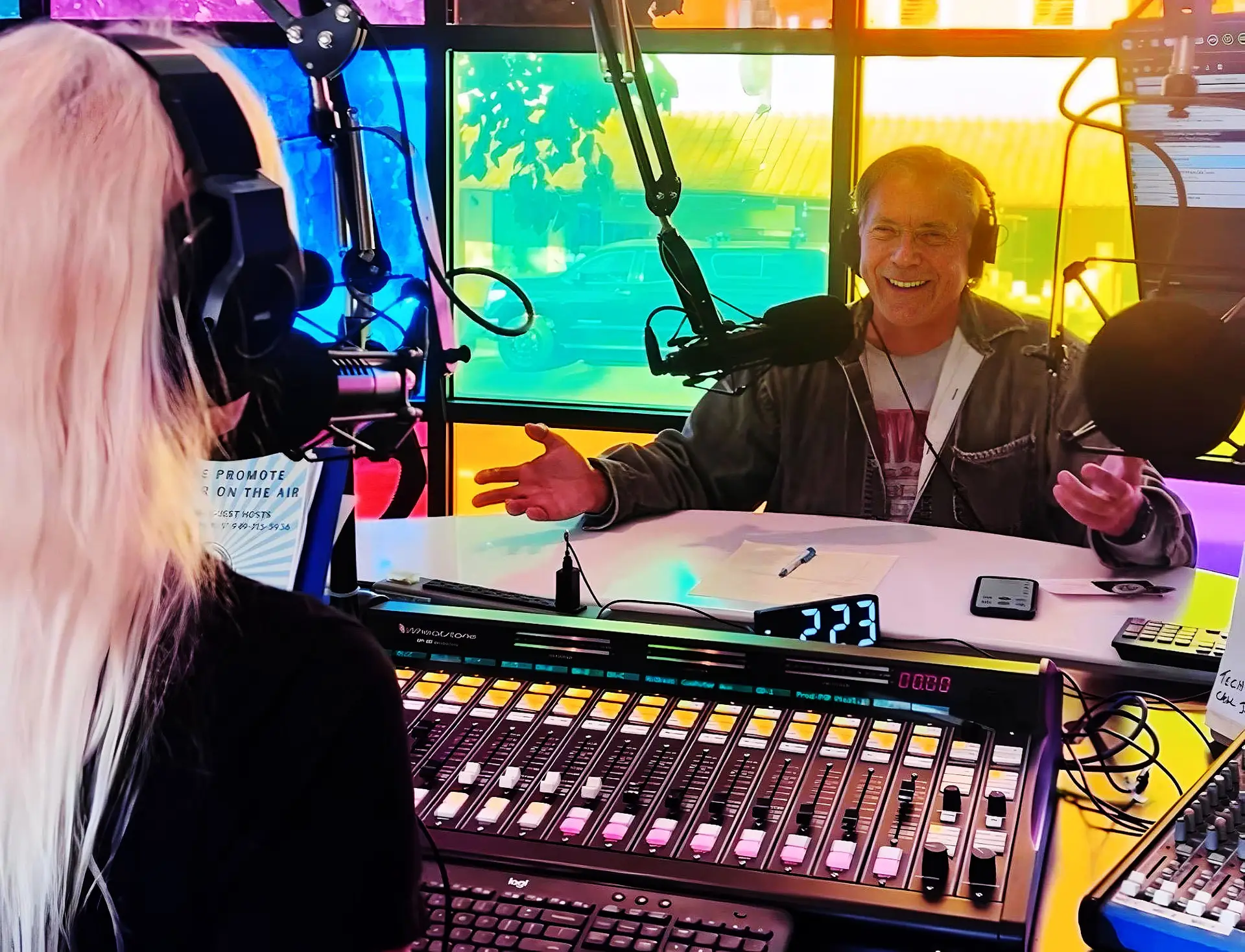 Two Radio personalities having fun on air.